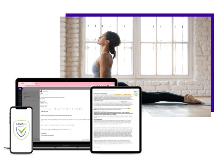 waiver on phone, tablet, and laptop with woman doing yoga