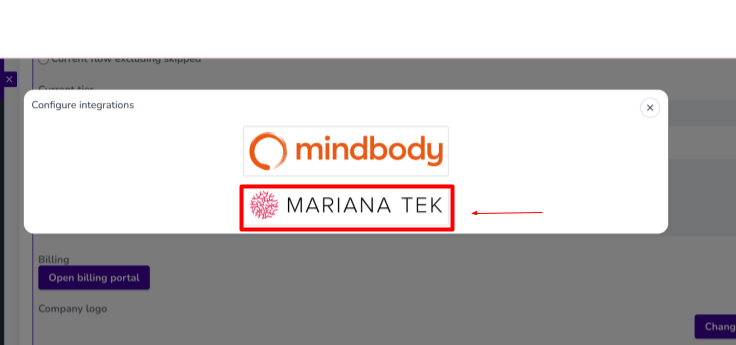 click on mariana tek to switch from mindbody online to mariana tek