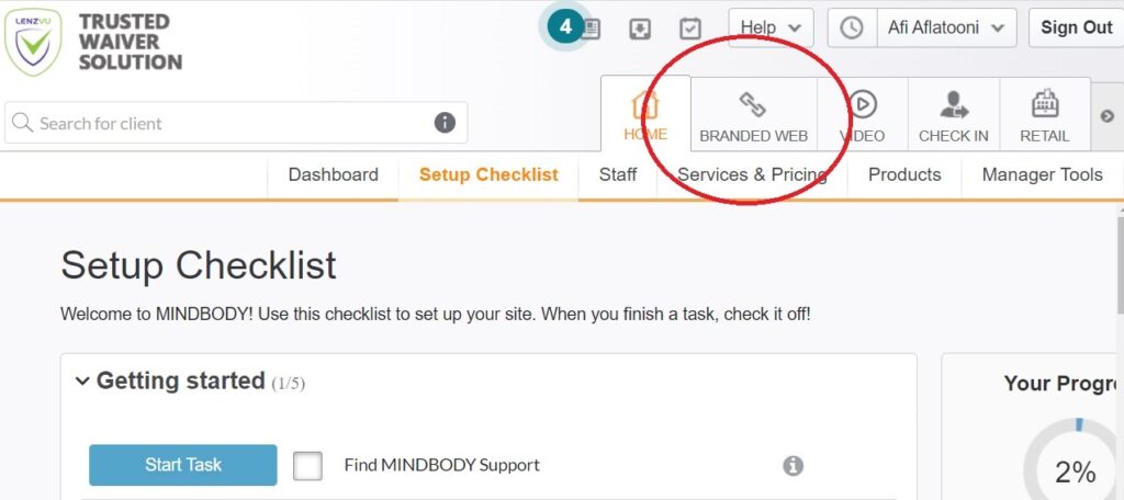 Click on branded web on mindbody online