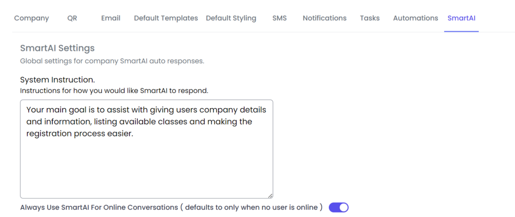 SmartAI chatbot system instructions